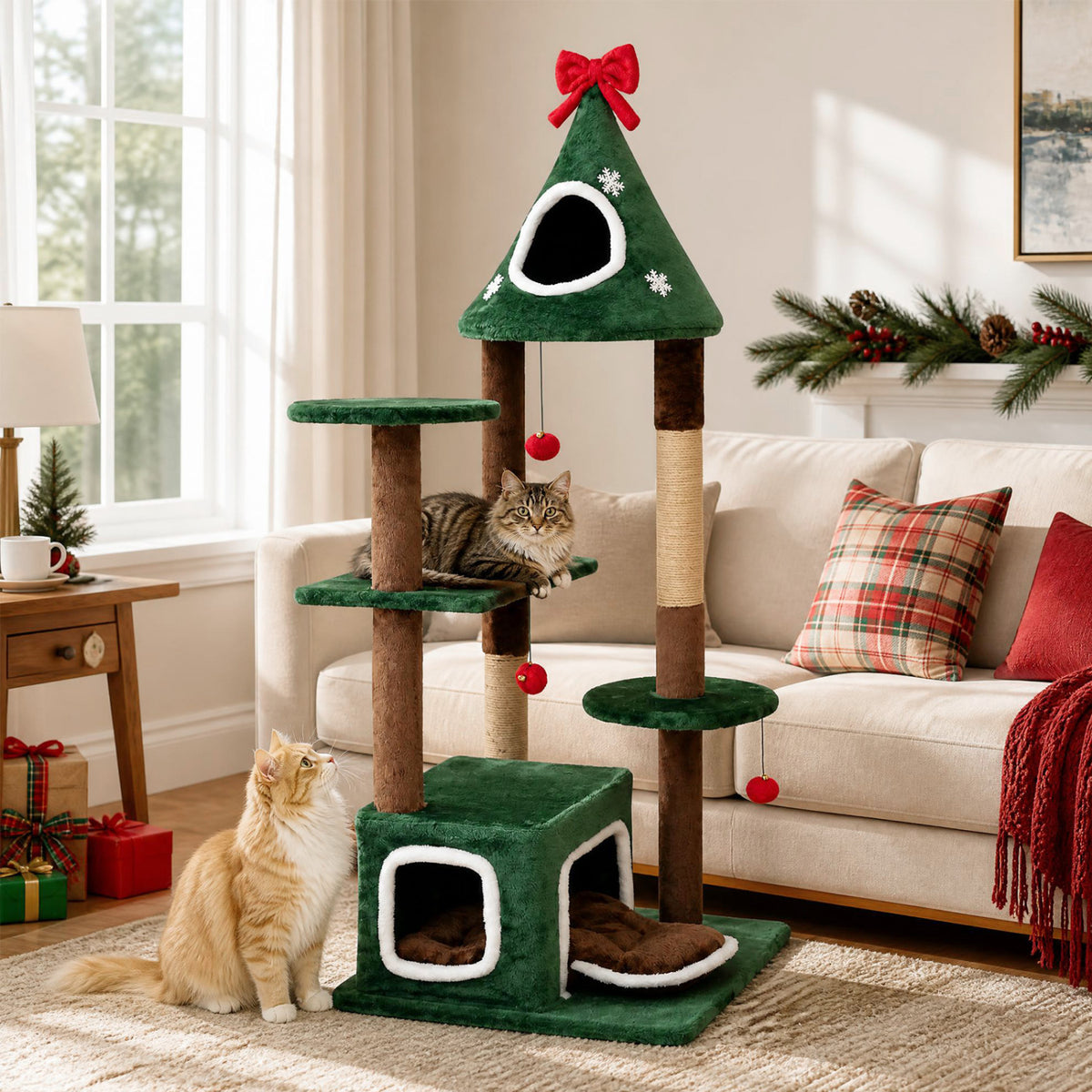 54 inchesChristmas Cat Tree with 2 Condos and Removable Cushion-Green view 3