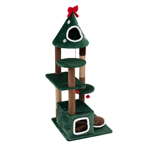 54 inchesChristmas Cat Tree with 2 Condos and Removable Cushion-Green view 4