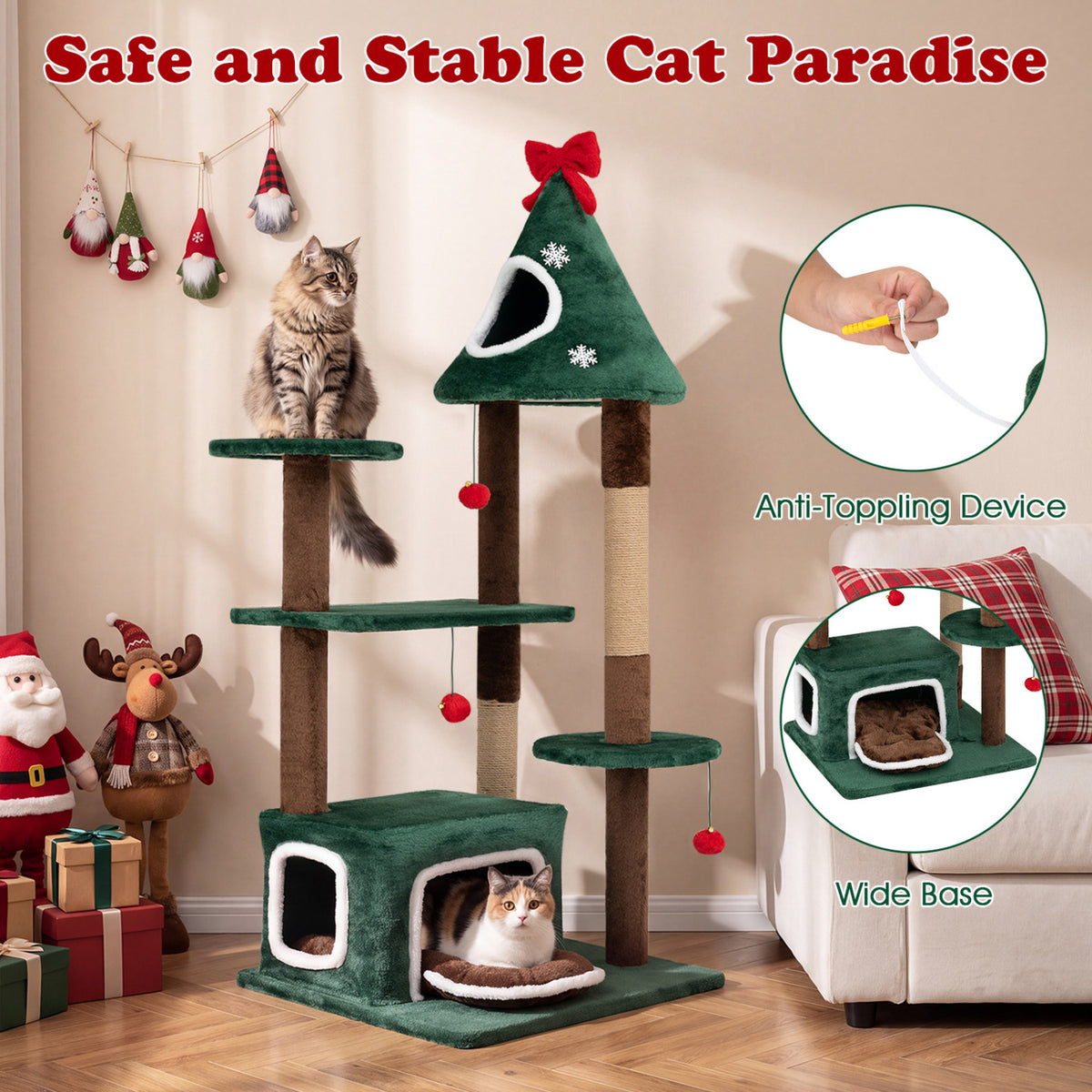 54 inchesChristmas Cat Tree with 2 Condos and Removable Cushion-Green view 6