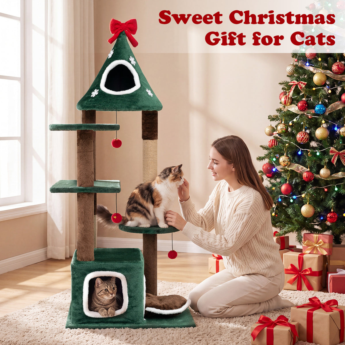 54 inchesChristmas Cat Tree with 2 Condos and Removable Cushion-Green view 7