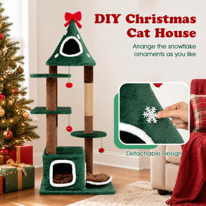 54 inchesChristmas Cat Tree with 2 Condos and Removable Cushion-Green view 8