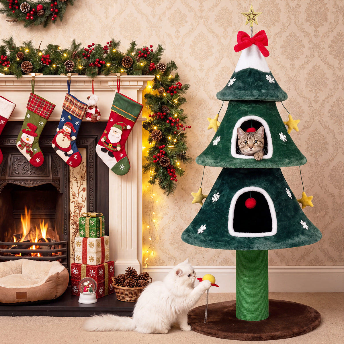54 Inch Christmas Cat Tree with 2 Private Condos for Indoor Cats-Green view 2
