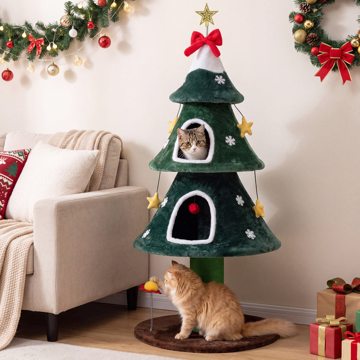 54 Inch Christmas Cat Tree with 2 Private Condos for Indoor Cats-Green view 3