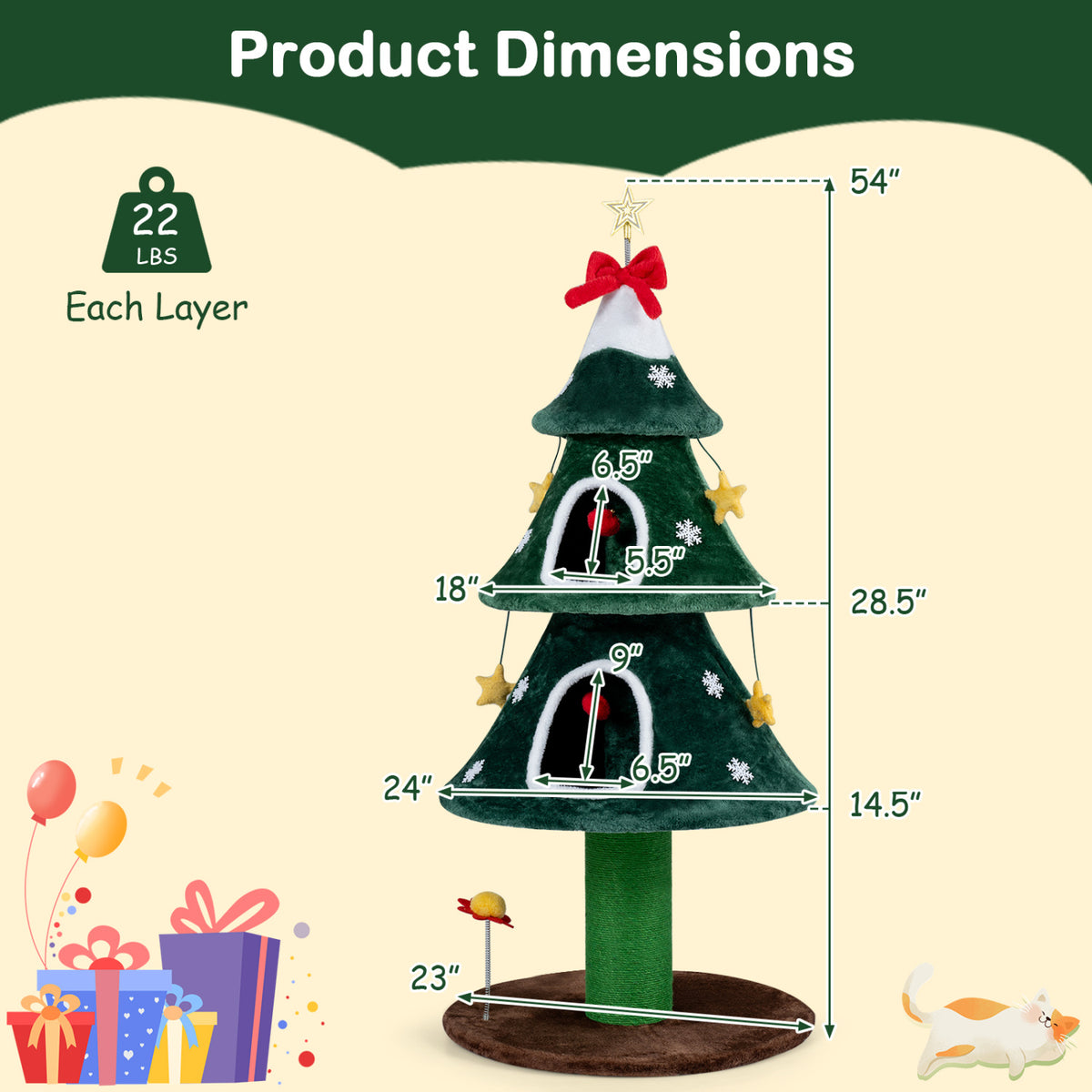 54 Inch Christmas Cat Tree with 2 Private Condos for Indoor Cats-Green view 5