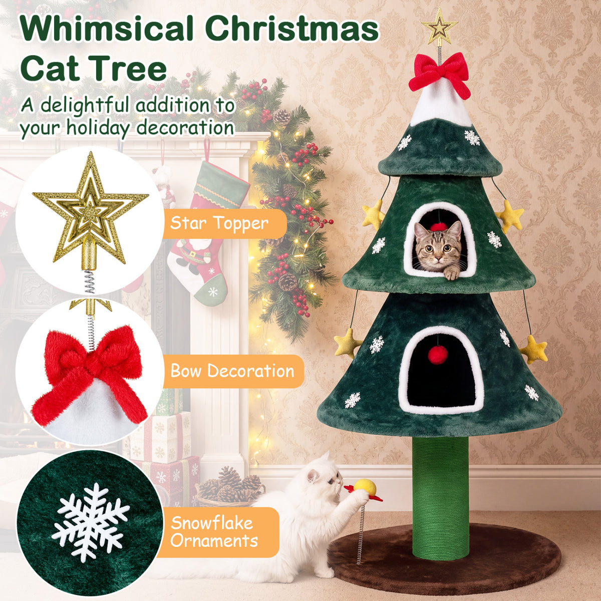 54 Inch Christmas Cat Tree with 2 Private Condos for Indoor Cats-Green view 7