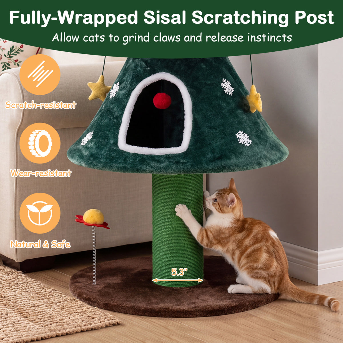 54 Inch Christmas Cat Tree with 2 Private Condos for Indoor Cats-Green view 9