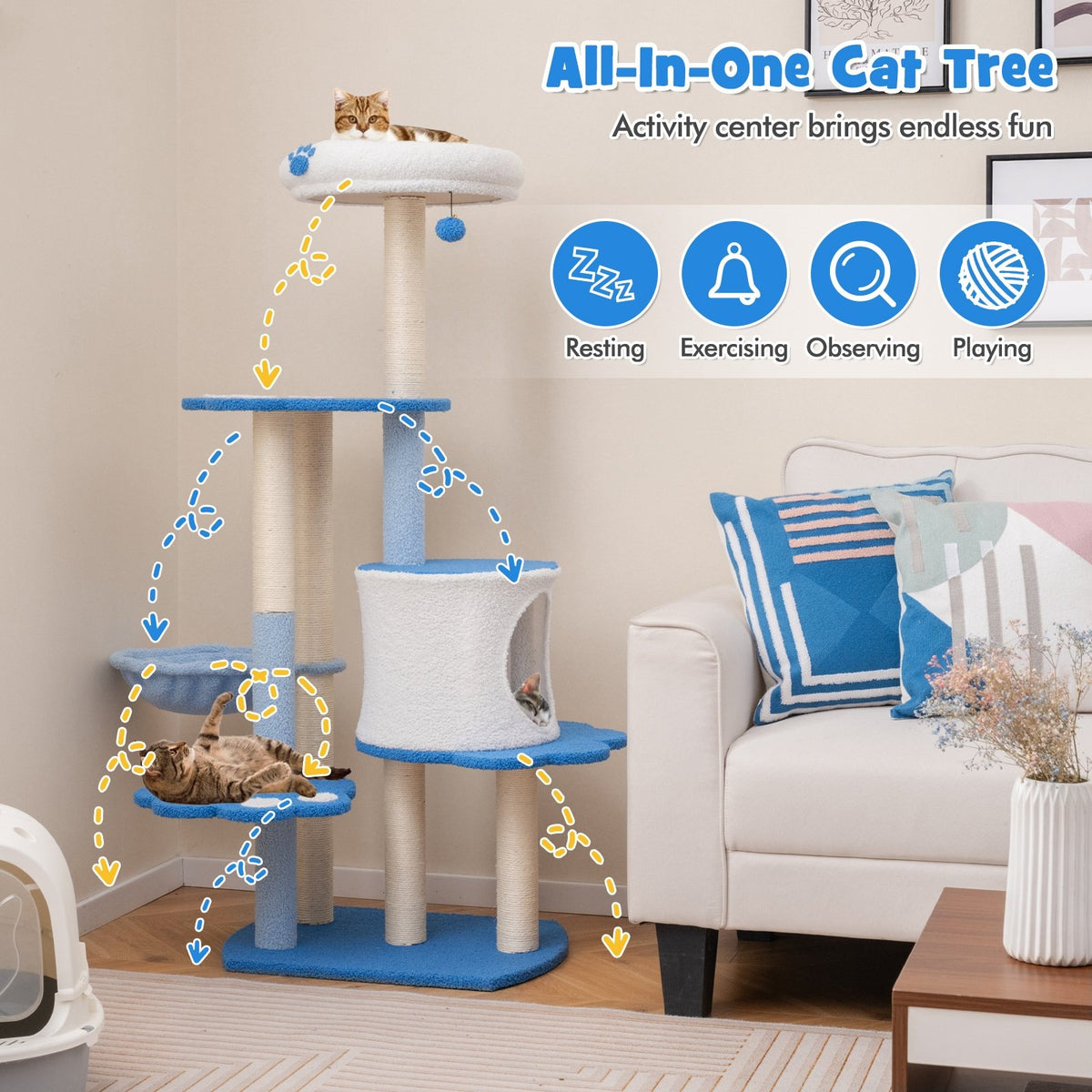 54 Inches Tall Modern Cat Tree Tower for Indoor Cats-Blue view 6