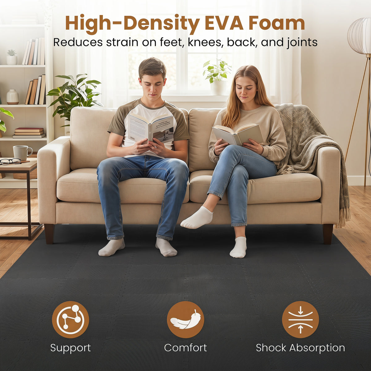 54 Pack EVA Foam Floor Tiles with Non-Slip & Borders for Home Gym-Black view 5