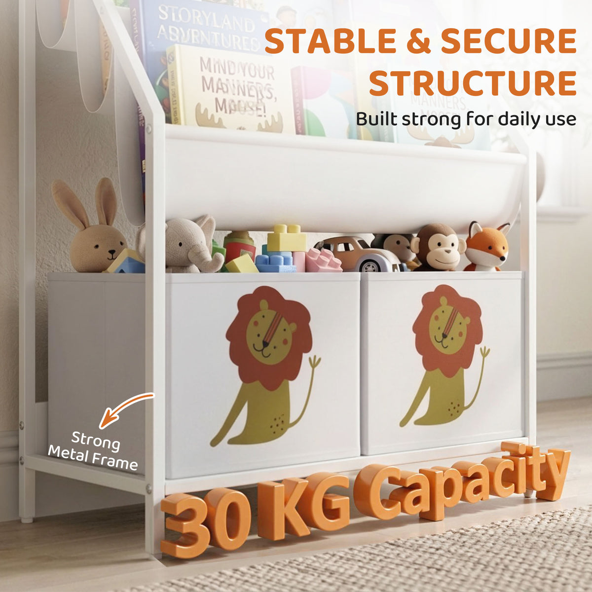 Qaba Kids Bookshelf, 3-Tier Sling Bookshelf with Toy Storage, Montessori Toy Organizer with Non-Woven Drawers for Kids Room