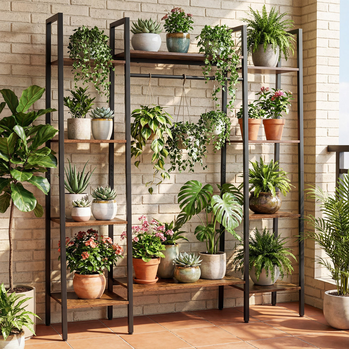 55.5 inch Tall Plant Stand 10-Tier Plant Rack with 16 Colors LED Strip Lights-Rustic Brown view 2