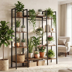 55.5 inch Tall Plant Stand 10-Tier Plant Rack with 16 Colors LED Strip Lights-Rustic Brown view 3