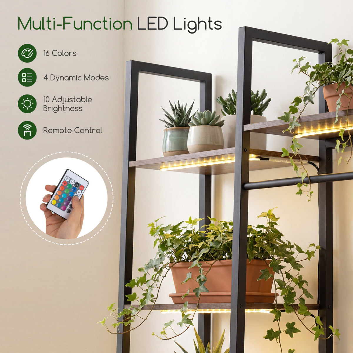 55.5 inch Tall Plant Stand 10-Tier Plant Rack with 16 Colors LED Strip Lights-Rustic Brown view 7