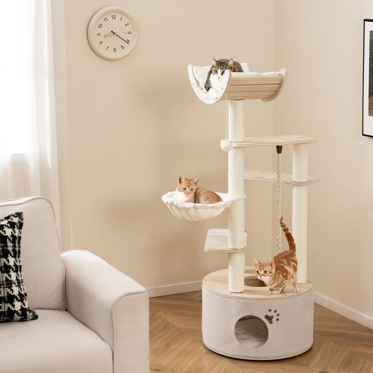 55.5 Inches Tall Wooden Cat Tree with Washable Plush Cushions for Indoor Cats view 2