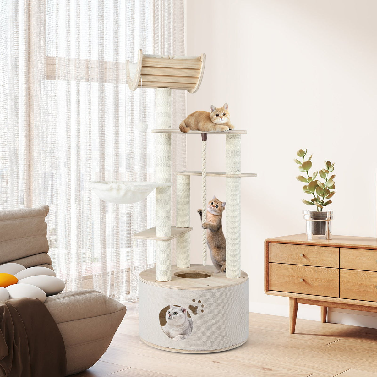 55.5 Inches Tall Wooden Cat Tree with Washable Plush Cushions for Indoor Cats view 3