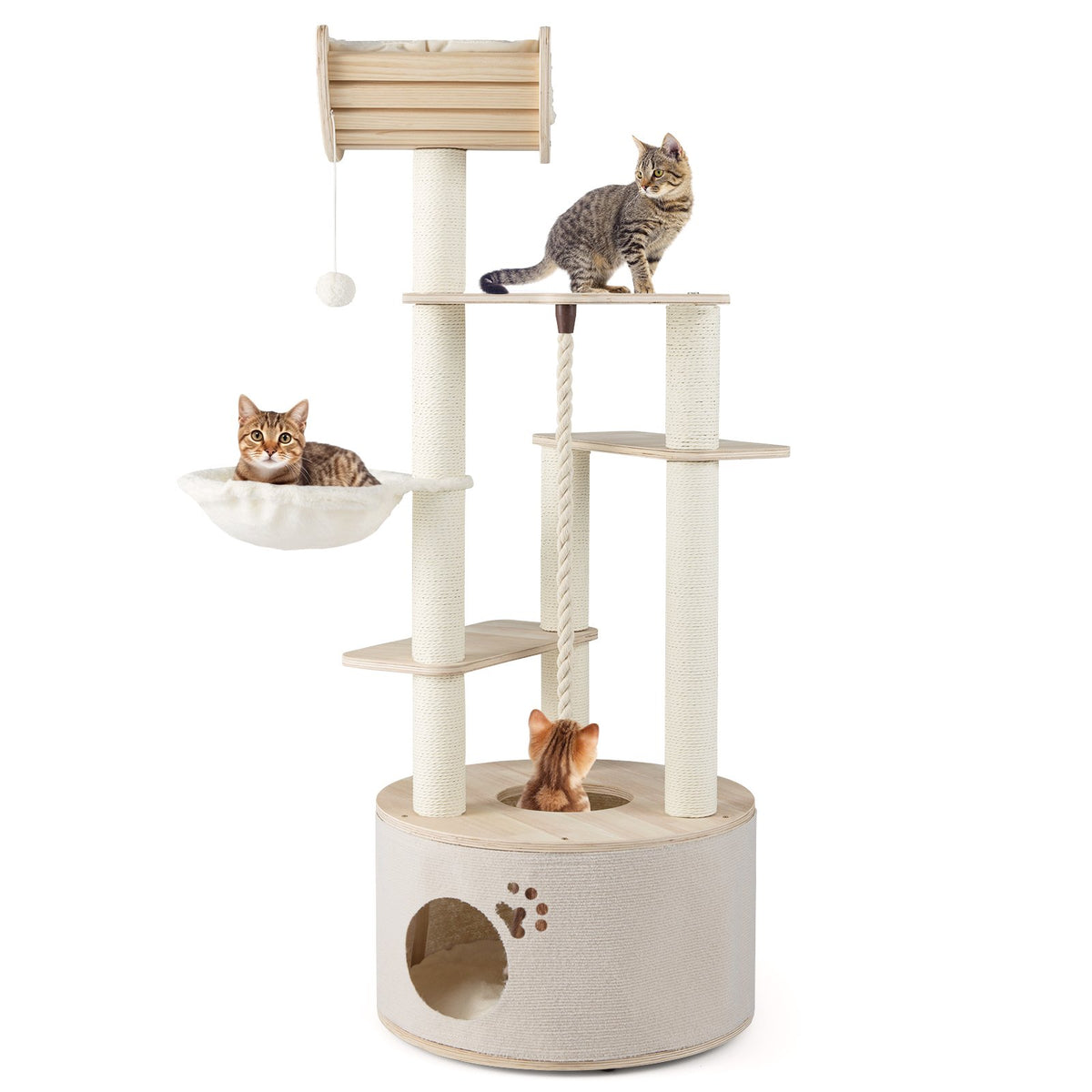 55.5 Inches Tall Wooden Cat Tree with Washable Plush Cushions for Indoor Cats view 4