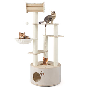 55.5 Inches Tall Wooden Cat Tree with Washable Plush Cushions for Indoor Cats view 4