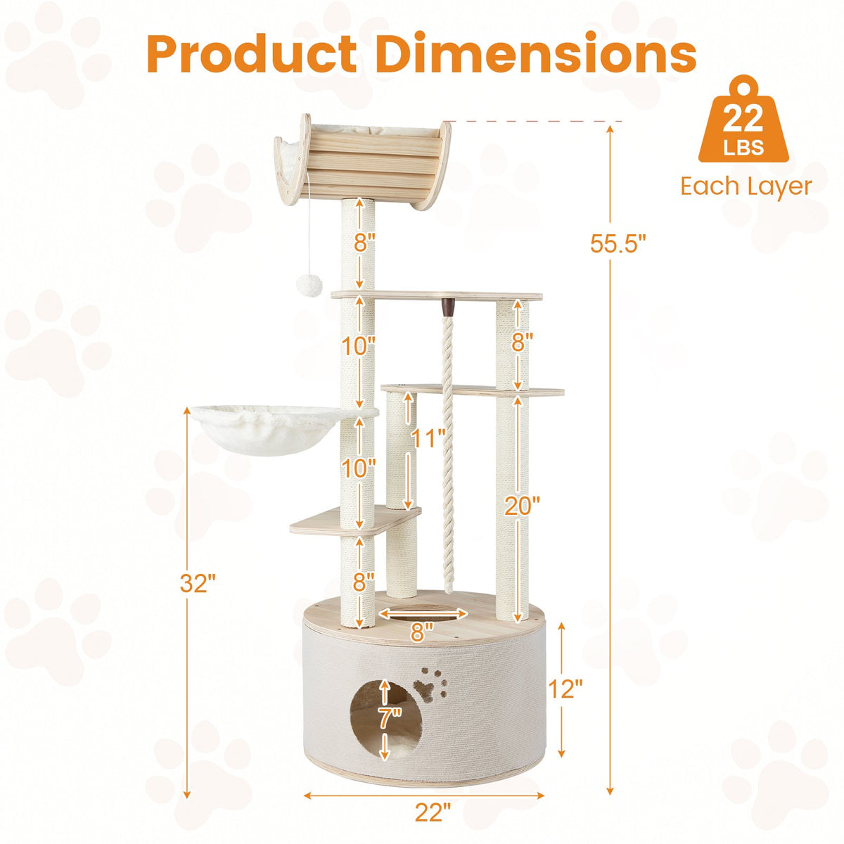 55.5 Inches Tall Wooden Cat Tree with Washable Plush Cushions for Indoor Cats view 5
