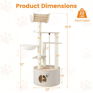 55.5 Inches Tall Wooden Cat Tree with Washable Plush Cushions for Indoor Cats view 5