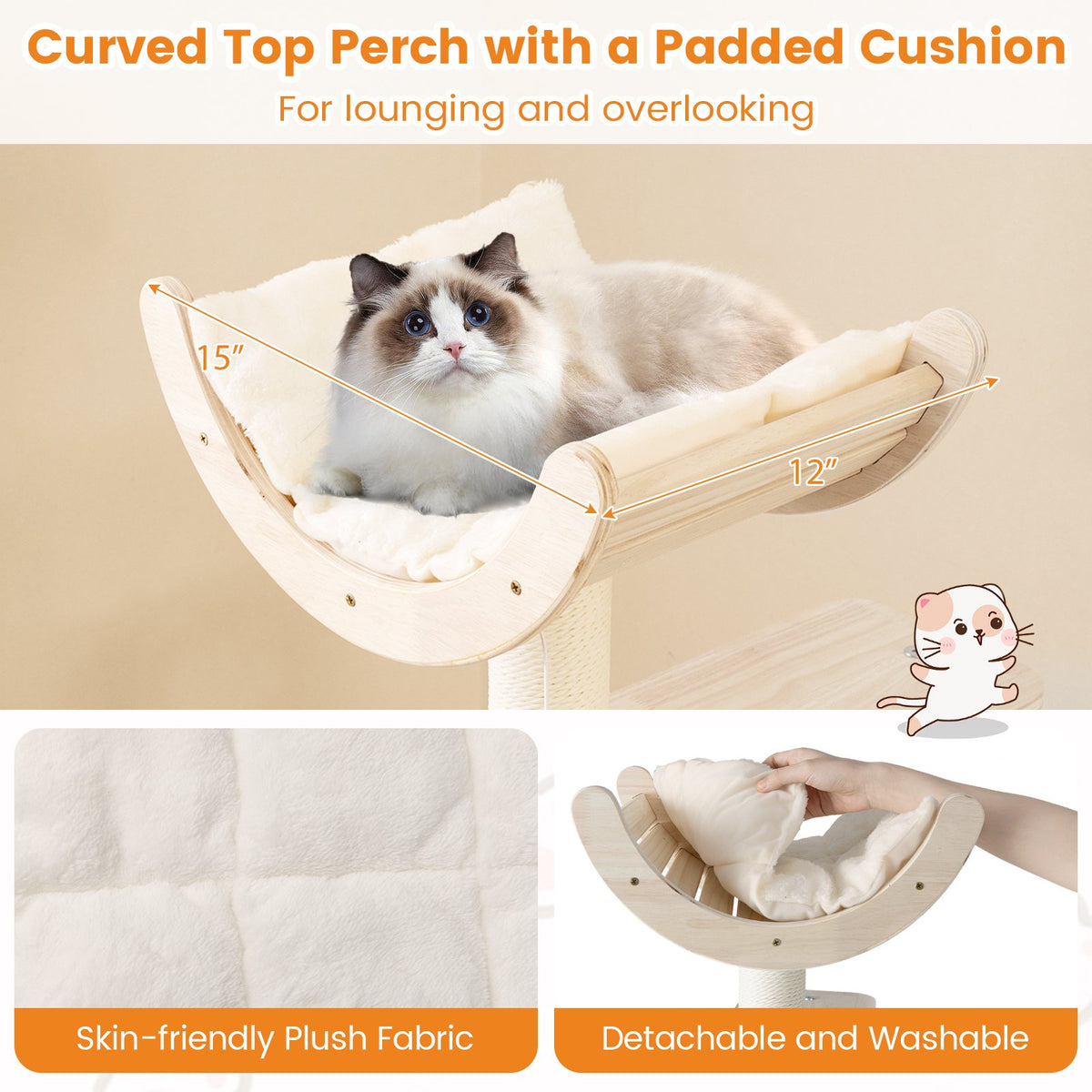 55.5 Inches Tall Wooden Cat Tree with Washable Plush Cushions for Indoor Cats view 7
