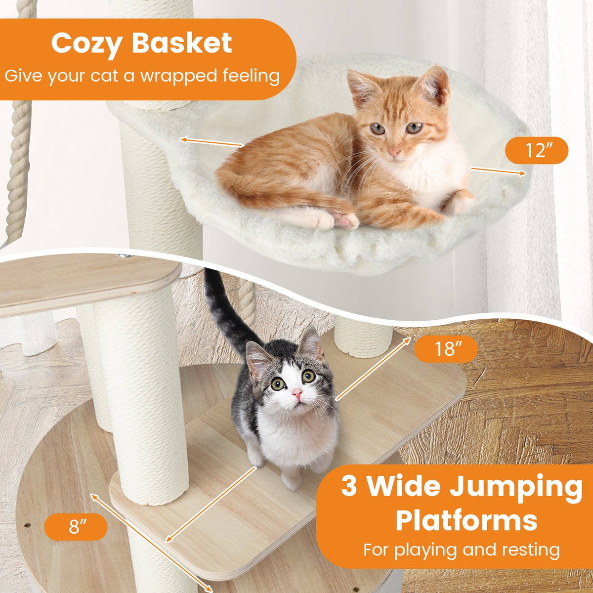 55.5 Inches Tall Wooden Cat Tree with Washable Plush Cushions for Indoor Cats view 8