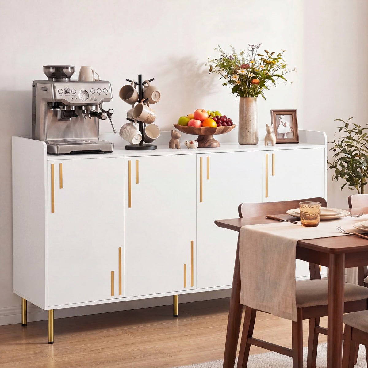 55 inches Buffet Cabinet with 4 Doors and 5 Metal Legs Modern Credenza-White view 2
