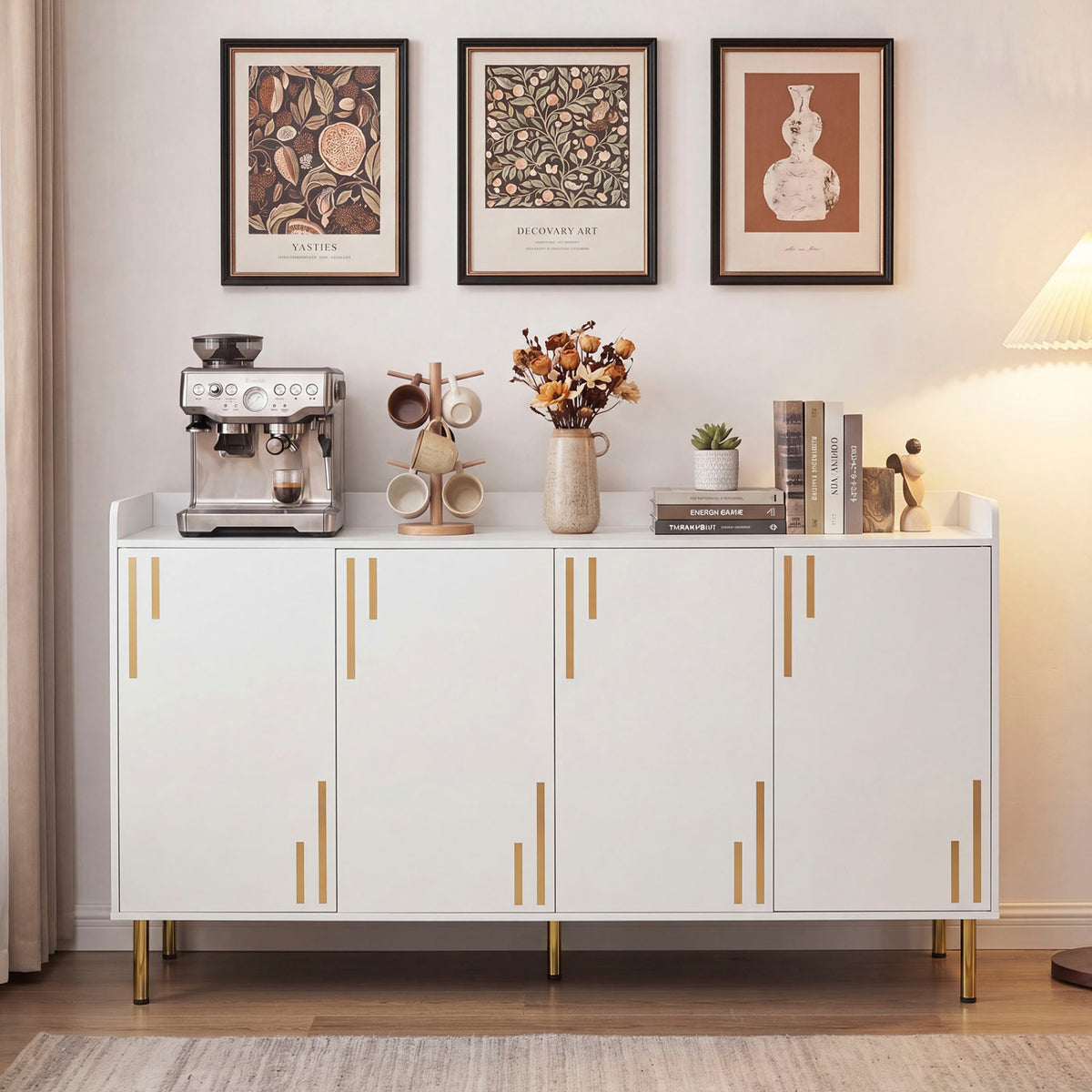 55 inches Buffet Cabinet with 4 Doors and 5 Metal Legs Modern Credenza-White view 3