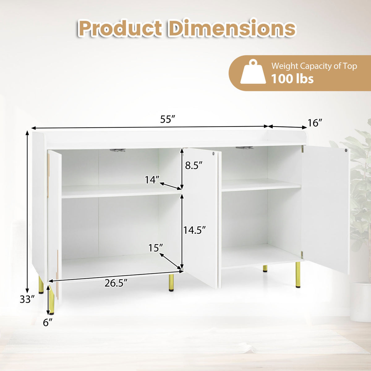 55 inches Buffet Cabinet with 4 Doors and 5 Metal Legs Modern Credenza-White view 5