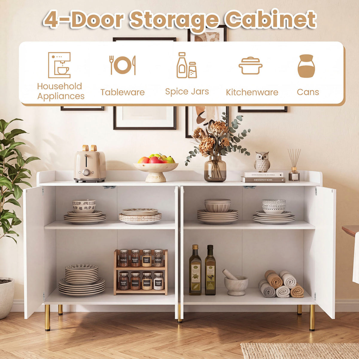 55 inches Buffet Cabinet with 4 Doors and 5 Metal Legs Modern Credenza-White view 6