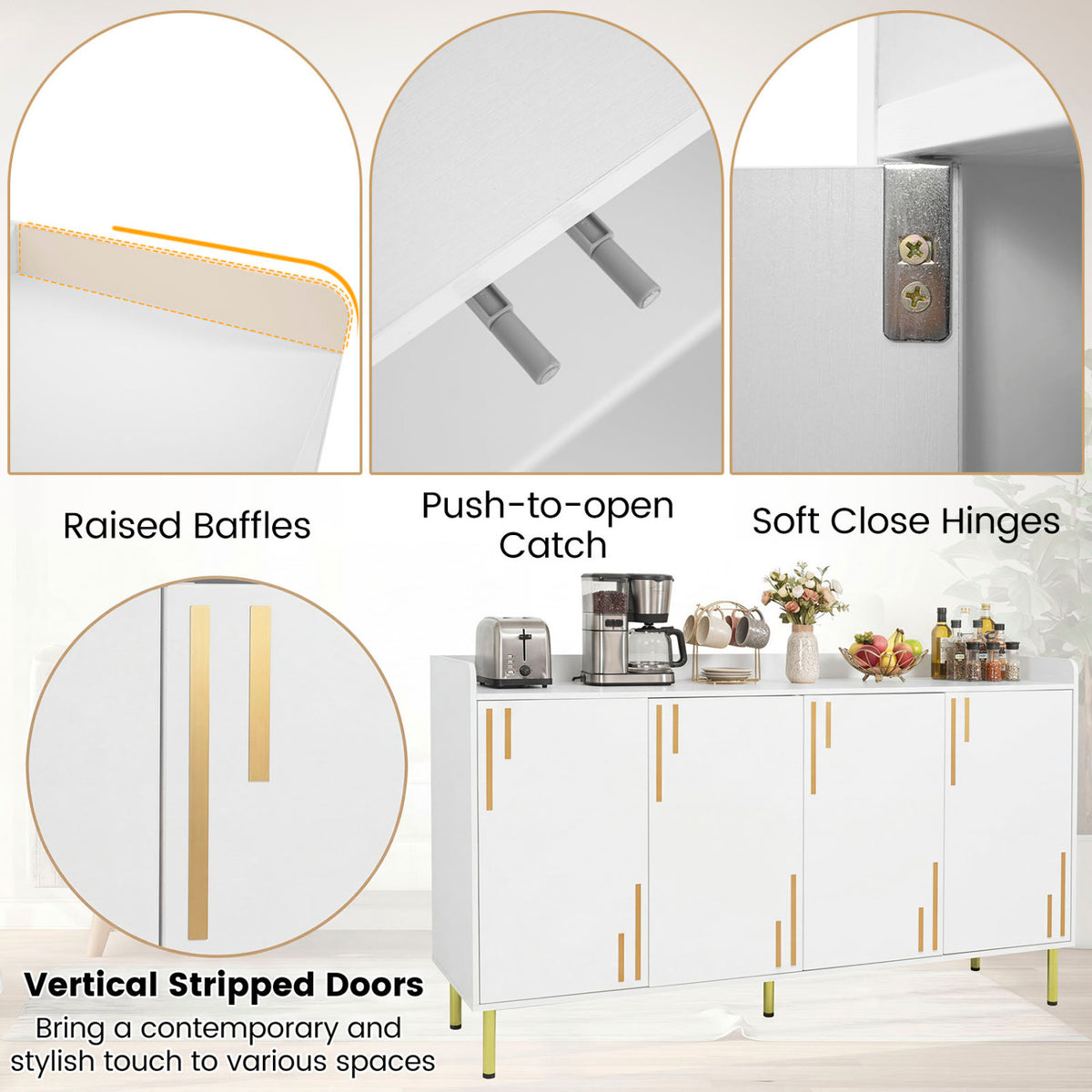 55 inches Buffet Cabinet with 4 Doors and 5 Metal Legs Modern Credenza-White view 9