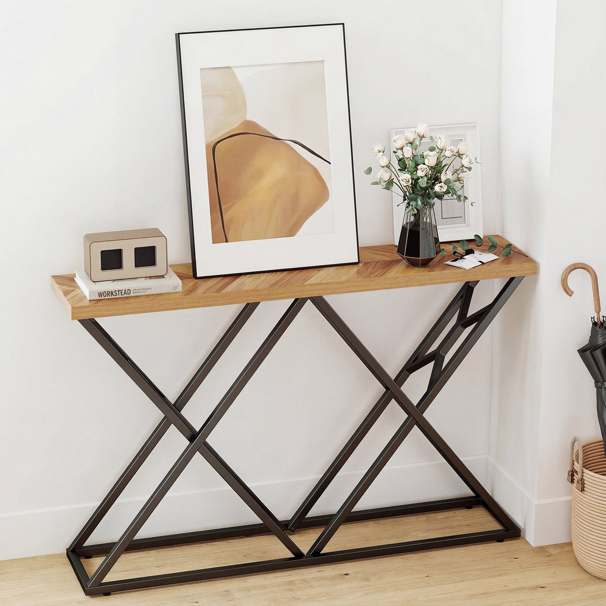 55 Inch Console Table with Solid Metal Frame and Storage-Wood view 2