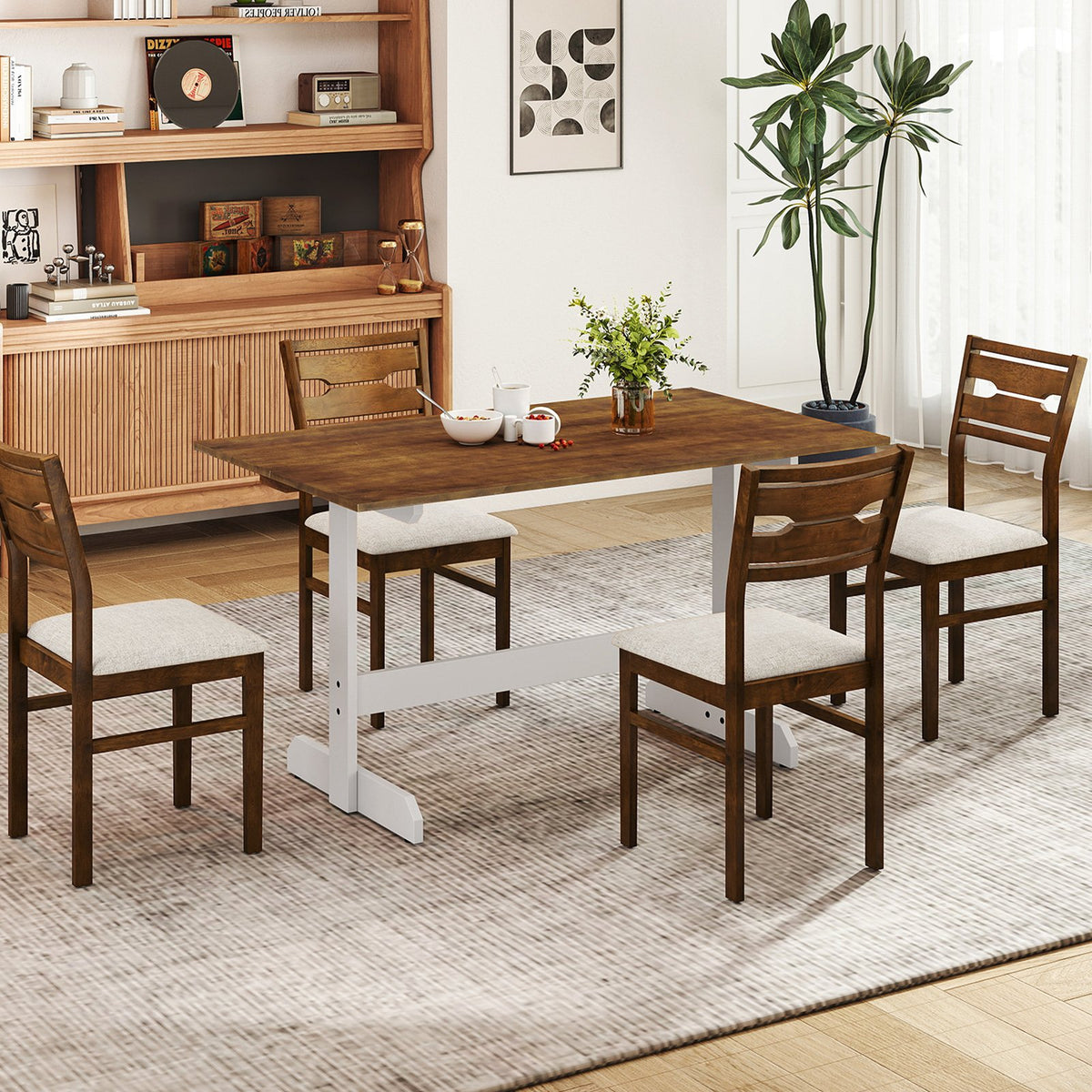 55 Inch Dining Table for 4-6 People Rectangular Kitchen Table with Solid Wood Trestle Base-Walnut view 2