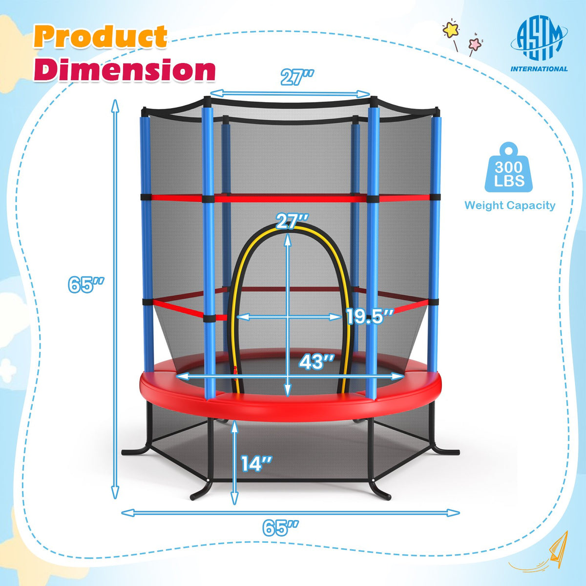 55 Inch Kids Recreational Trampoline Bouncing Jumping Mat with Enclosure Net-Navy view 3