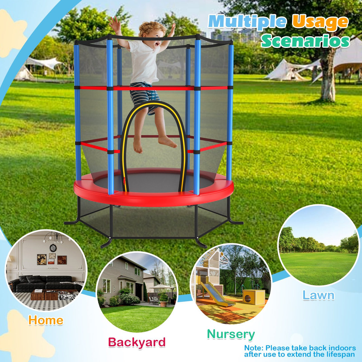 55 Inch Kids Recreational Trampoline Bouncing Jumping Mat with Enclosure Net-Navy view 5