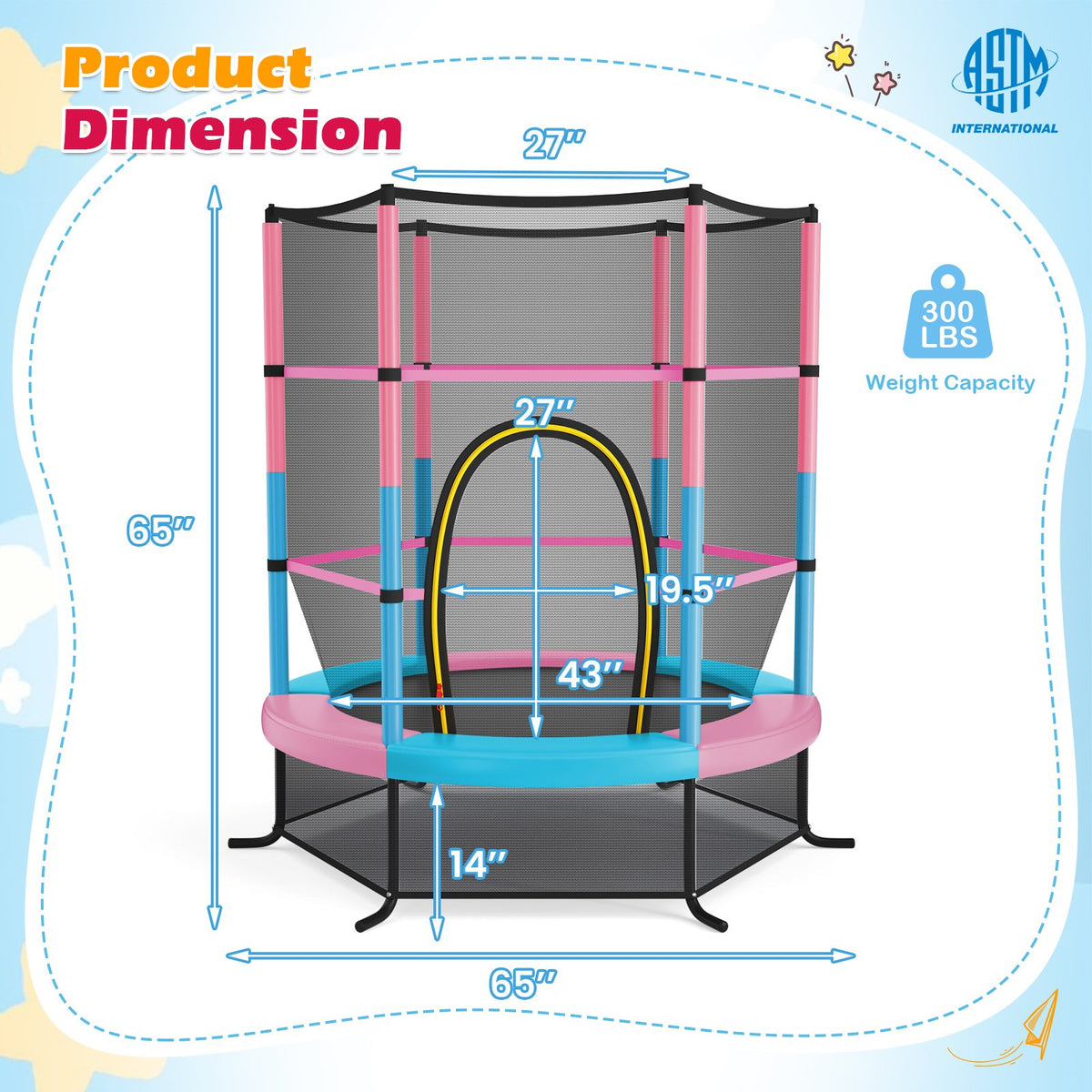 55 Inch Kids Recreational Trampoline Bouncing Jumping Mat with Enclosure Net-Pink view 3