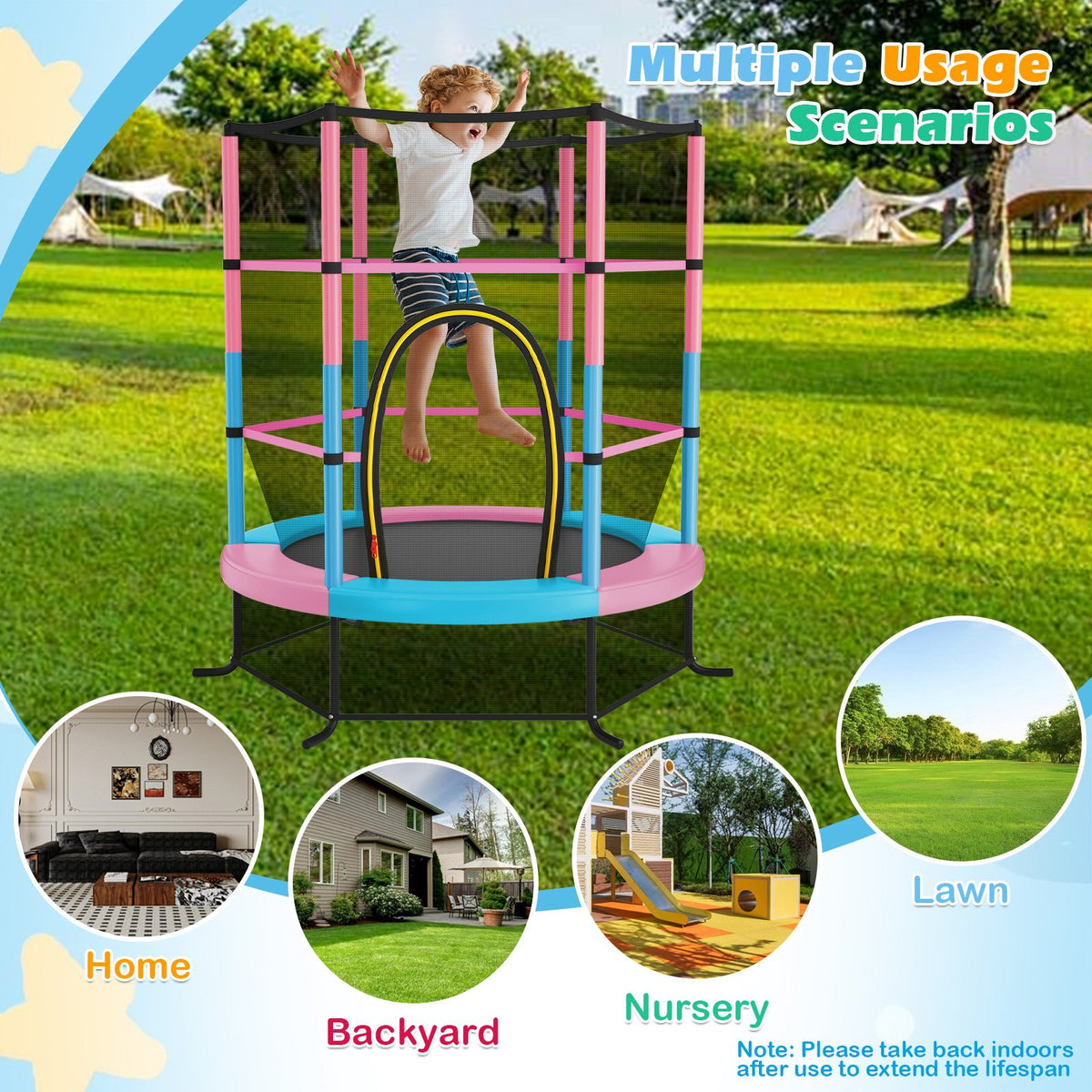 55 Inch Kids Recreational Trampoline Bouncing Jumping Mat with Enclosure Net-Pink view 5