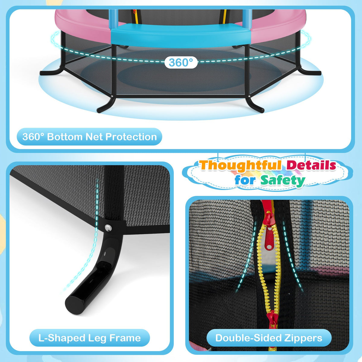 55 Inch Kids Recreational Trampoline Bouncing Jumping Mat with Enclosure Net-Pink view 7