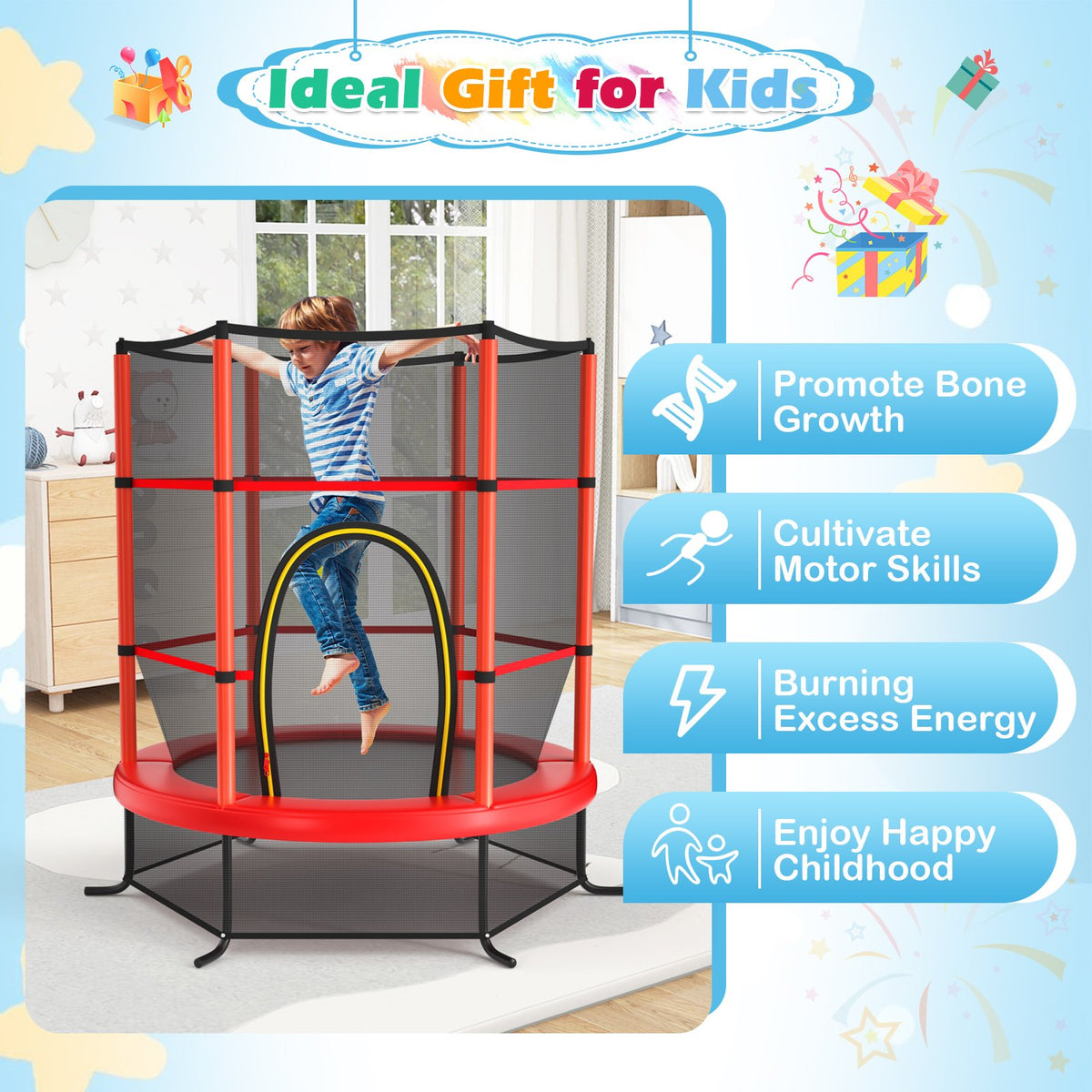 55 Inch Kids Recreational Trampoline Bouncing Jumping Mat with Enclosure Net-Red view 4