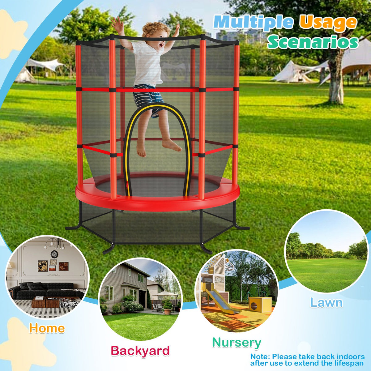 55 Inch Kids Recreational Trampoline Bouncing Jumping Mat with Enclosure Net-Red view 5
