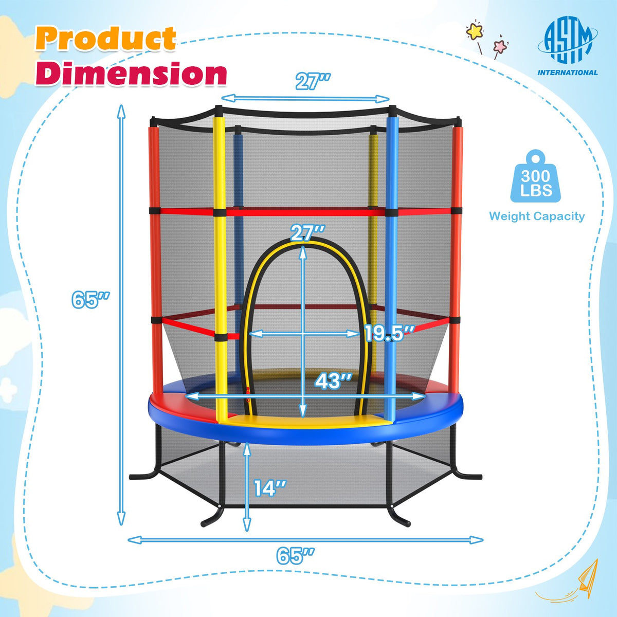 55 Inch Kids Recreational Trampoline Bouncing Jumping Mat with Enclosure Net-Yellow view 3