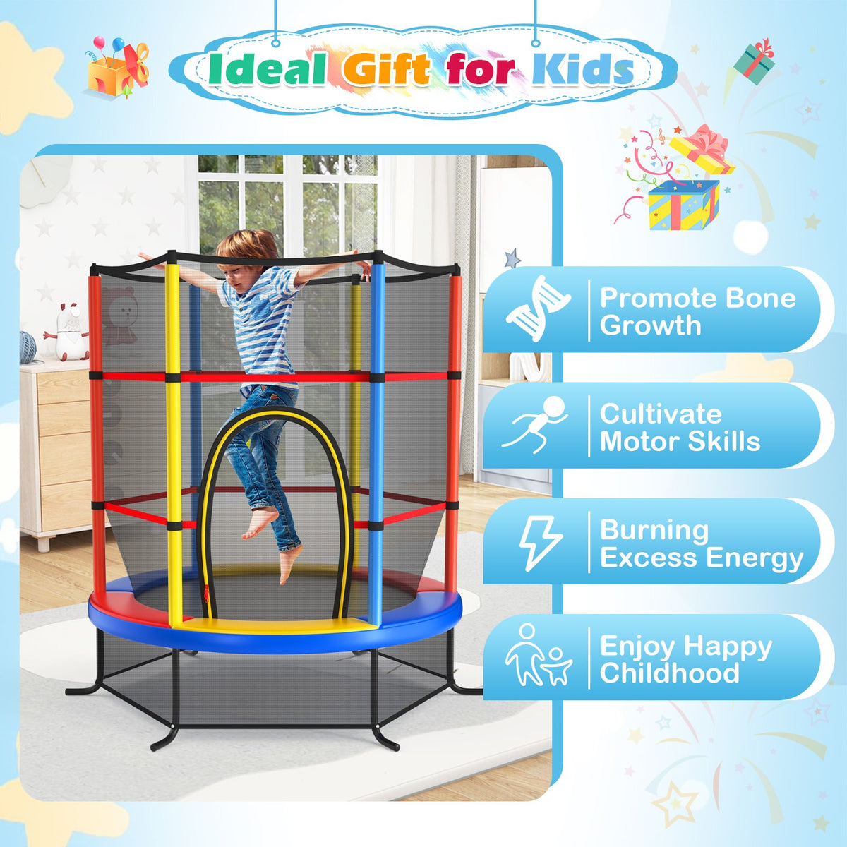55 Inch Kids Recreational Trampoline Bouncing Jumping Mat with Enclosure Net-Yellow view 4