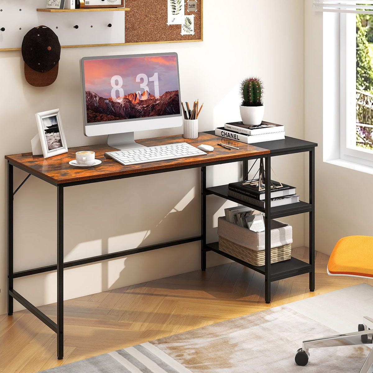 55 Inch Modern Industrial Style Study Writing Desk with 2 Storage Shelves-Brown view 2
