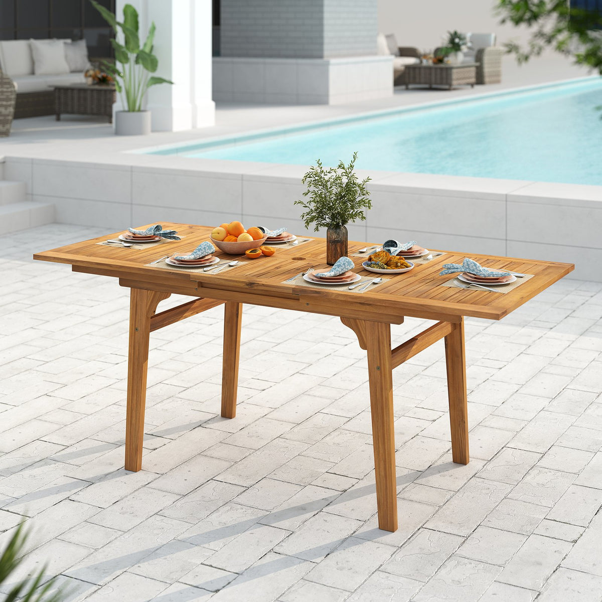 55 Inch Patio Dining Table Expandable for 6-8 People with Umbrella Hole view 2