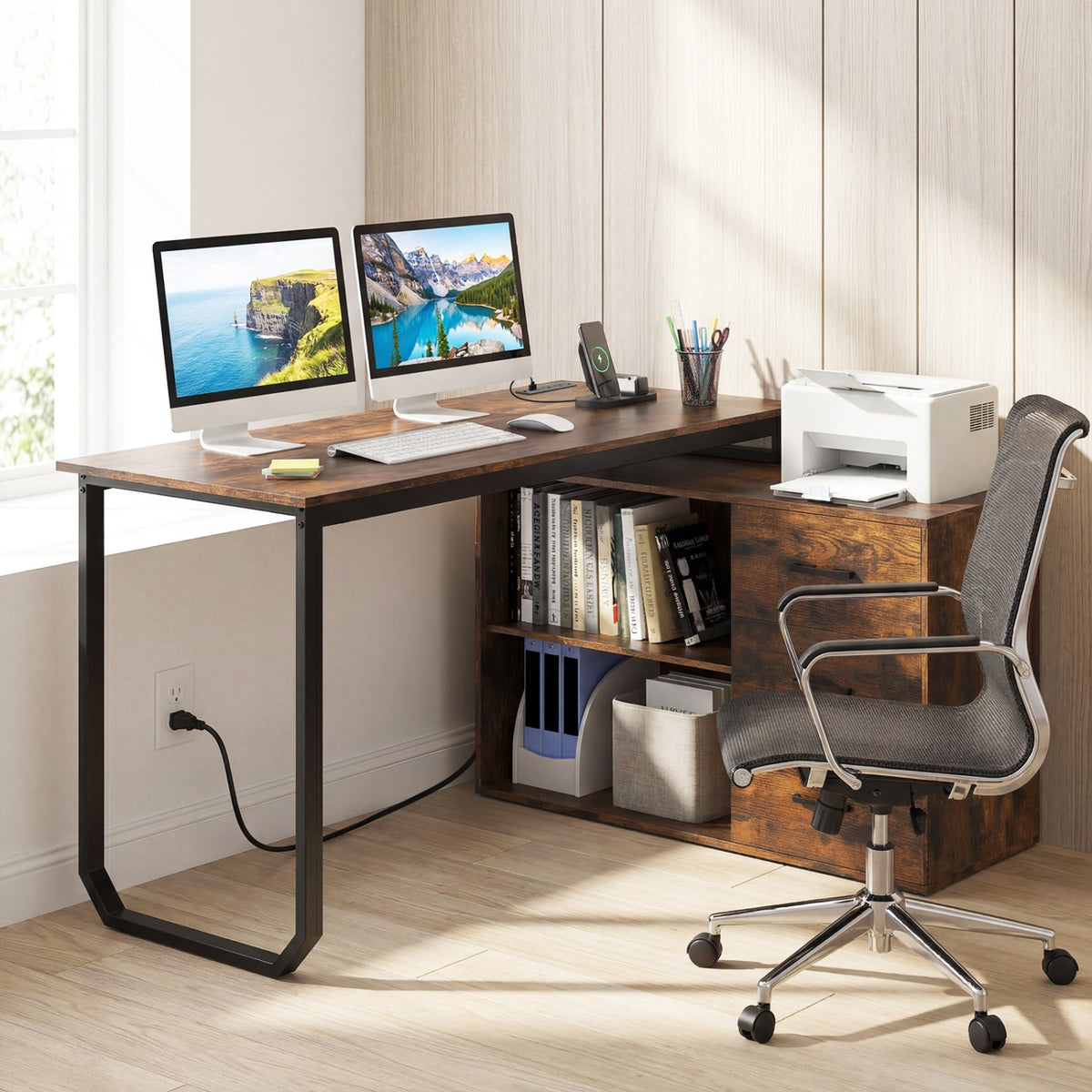 55 Inch Reversible L Shaped Desk with 3 Drawers Home Office Desk with Adjustable Shelf-Rustic Brown view 2