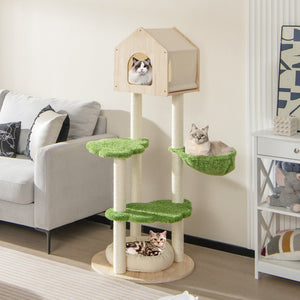 55 Inch Tall Cat Climbing Stand with Sisal Scratching Posts and Soft Cat Bed for Indoor Kittens-Green view 2