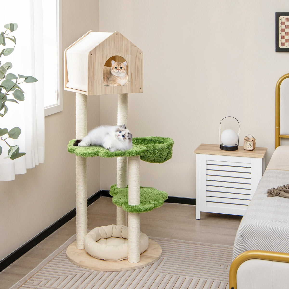 55 Inch Tall Cat Climbing Stand with Sisal Scratching Posts and Soft Cat Bed for Indoor Kittens-Green view 3
