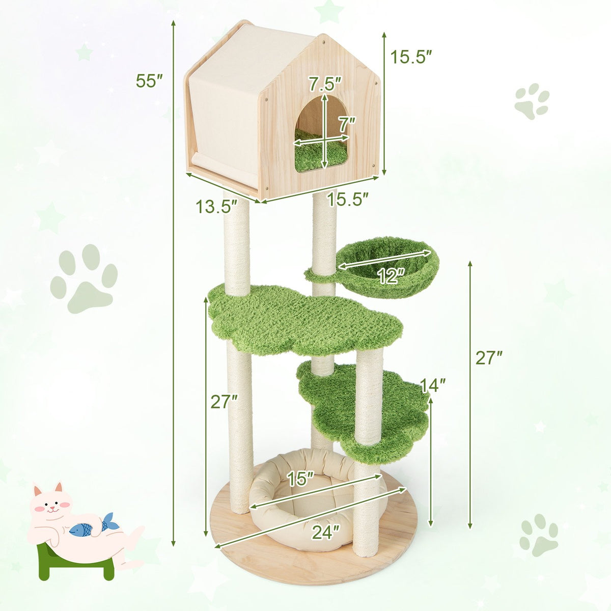 55 Inch Tall Cat Climbing Stand with Sisal Scratching Posts and Soft Cat Bed for Indoor Kittens-Green view 5