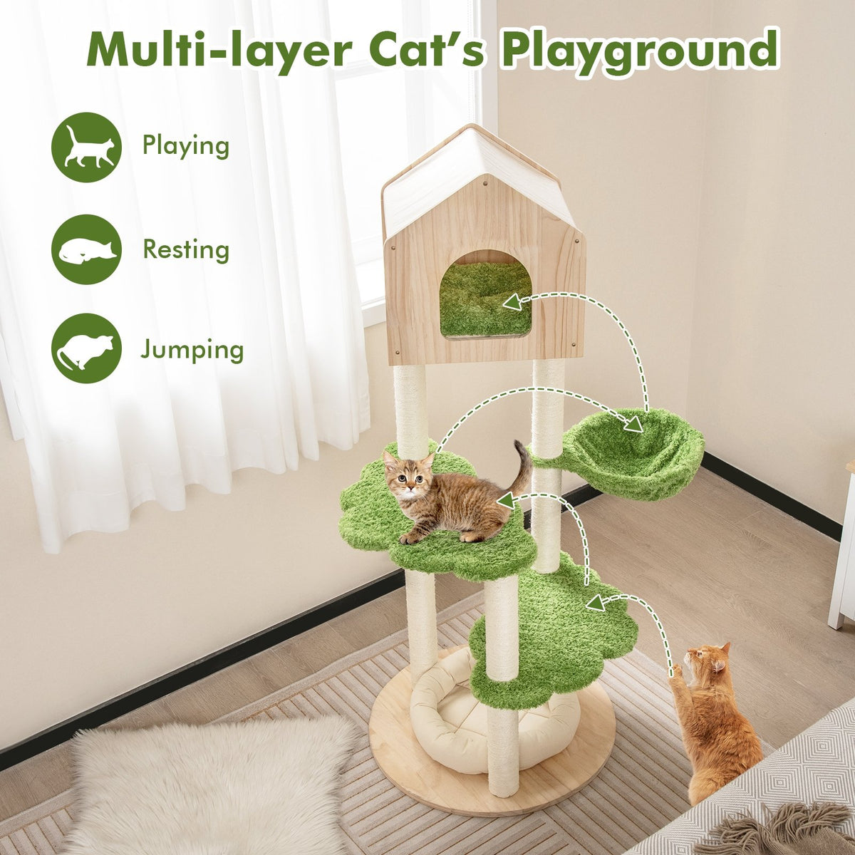55 Inch Tall Cat Climbing Stand with Sisal Scratching Posts and Soft Cat Bed for Indoor Kittens-Green view 6
