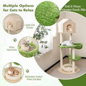 55 Inch Tall Cat Climbing Stand with Sisal Scratching Posts and Soft Cat Bed for Indoor Kittens-Green view 7