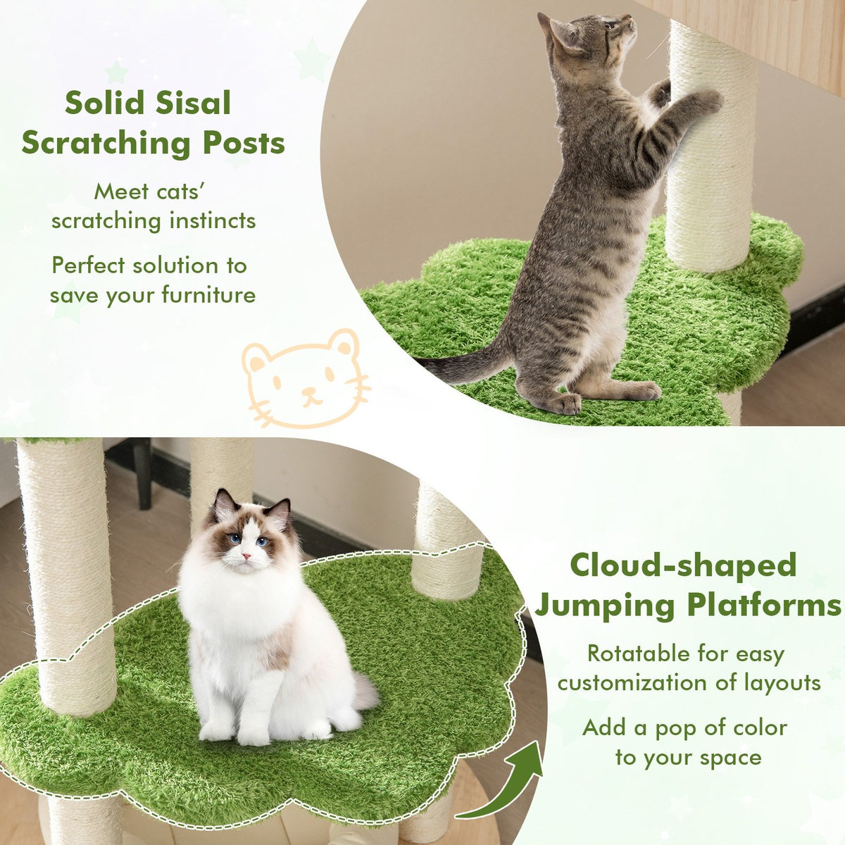 55 Inch Tall Cat Climbing Stand with Sisal Scratching Posts and Soft Cat Bed for Indoor Kittens-Green view 8