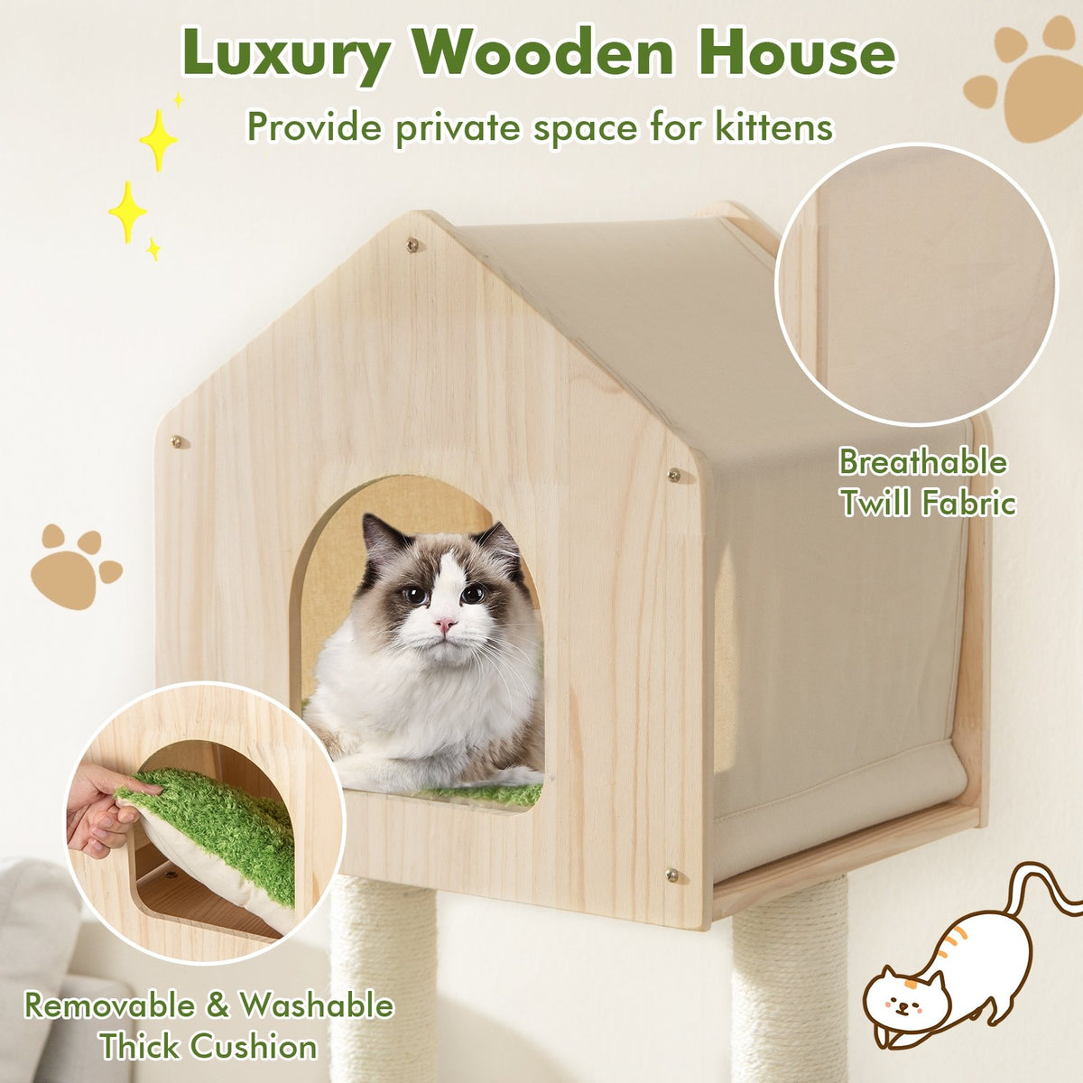 55 Inch Tall Cat Climbing Stand with Sisal Scratching Posts and Soft Cat Bed for Indoor Kittens-Green view 9